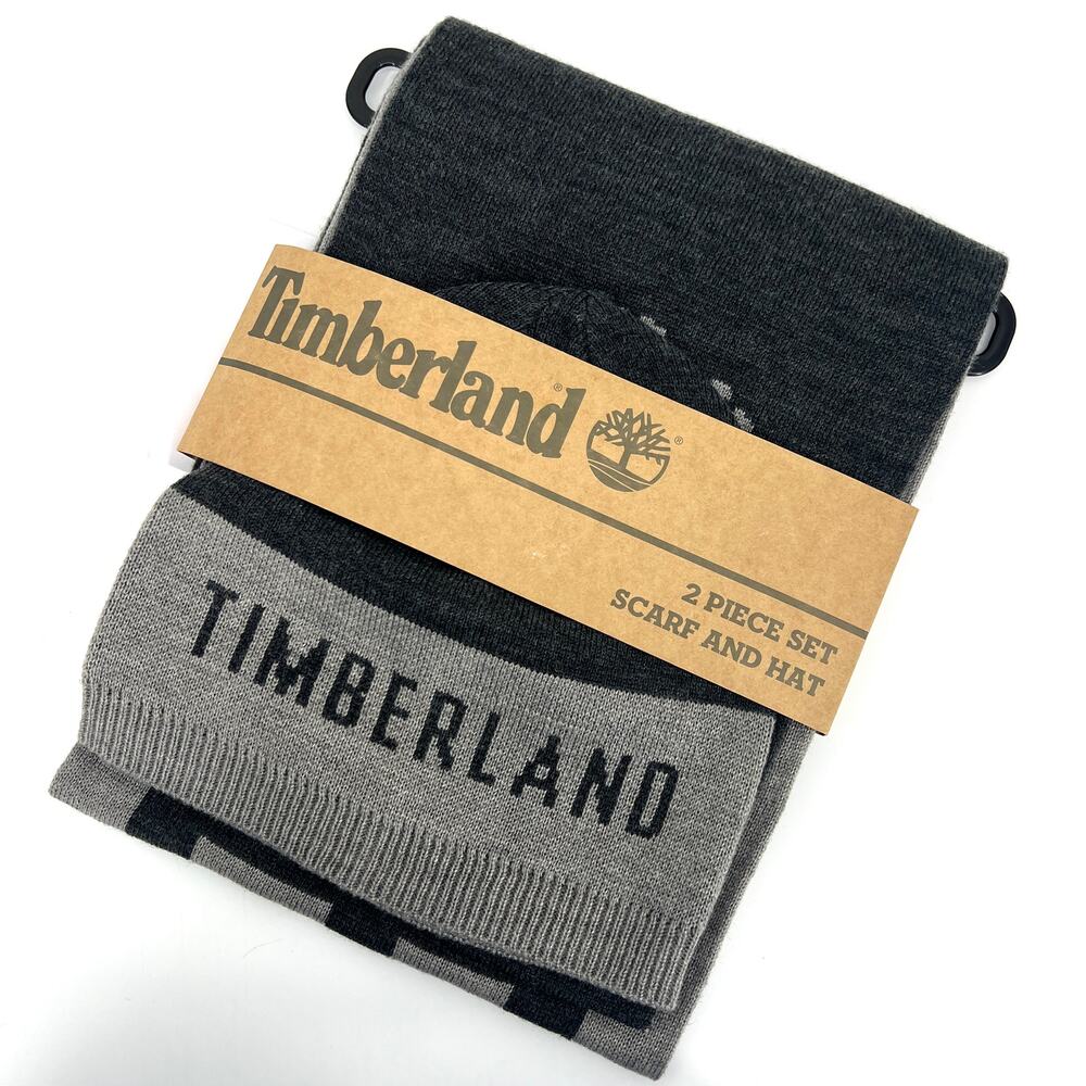 Timberland Reversible Jacquard Hat and Scarf Set in Two Tone Gray NEW
